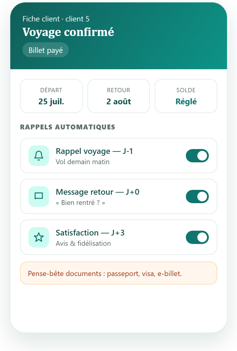 &Eacute;cran de l'application : fiche client avec rappels automatiques et pense-b&ecirc;te documents